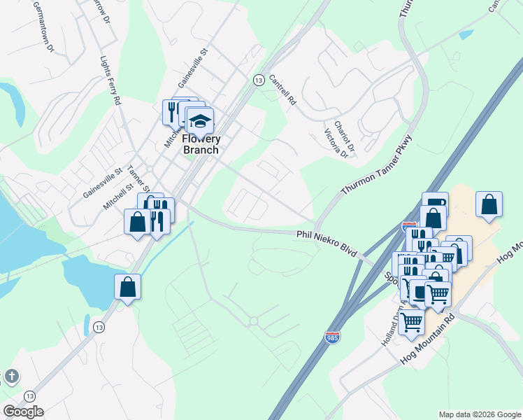 map of restaurants, bars, coffee shops, grocery stores, and more near 5284-5464 East Main Street in Flowery Branch