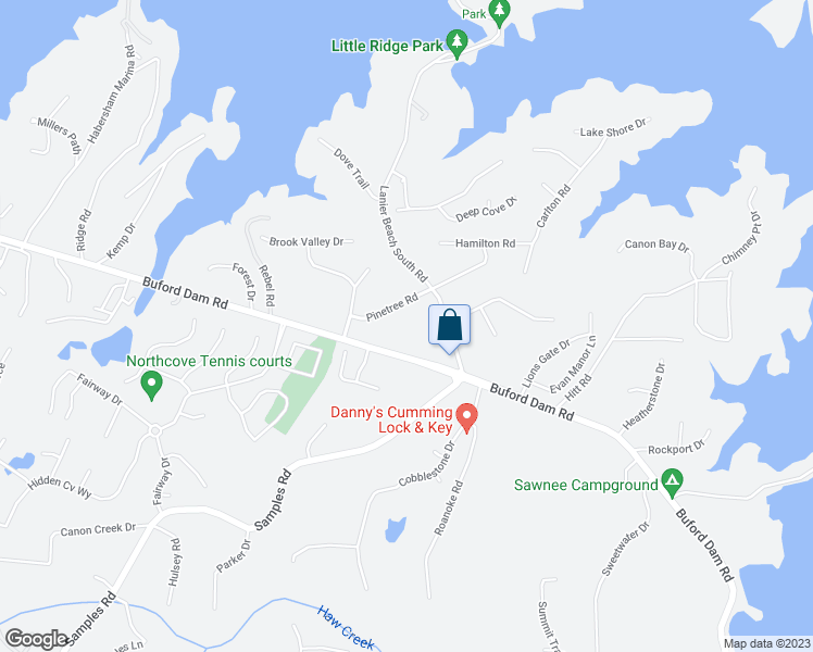 map of restaurants, bars, coffee shops, grocery stores, and more near 2575 Buford Dam Road in Cumming