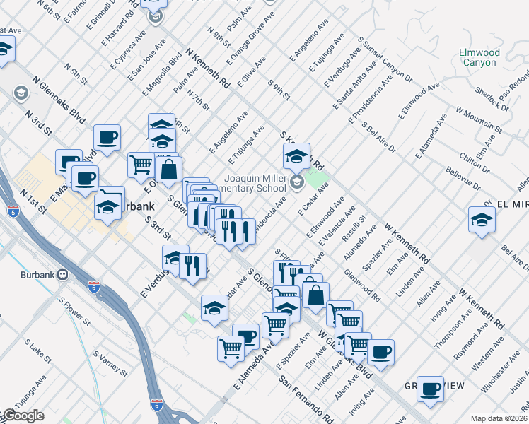 map of restaurants, bars, coffee shops, grocery stores, and more near 559 East Providencia Avenue in Burbank