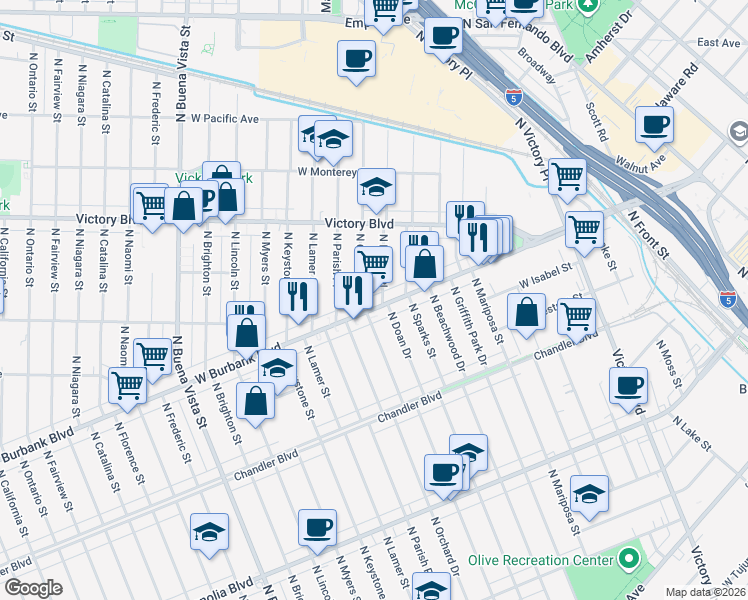 map of restaurants, bars, coffee shops, grocery stores, and more near 1010 North Orchard Drive in Burbank