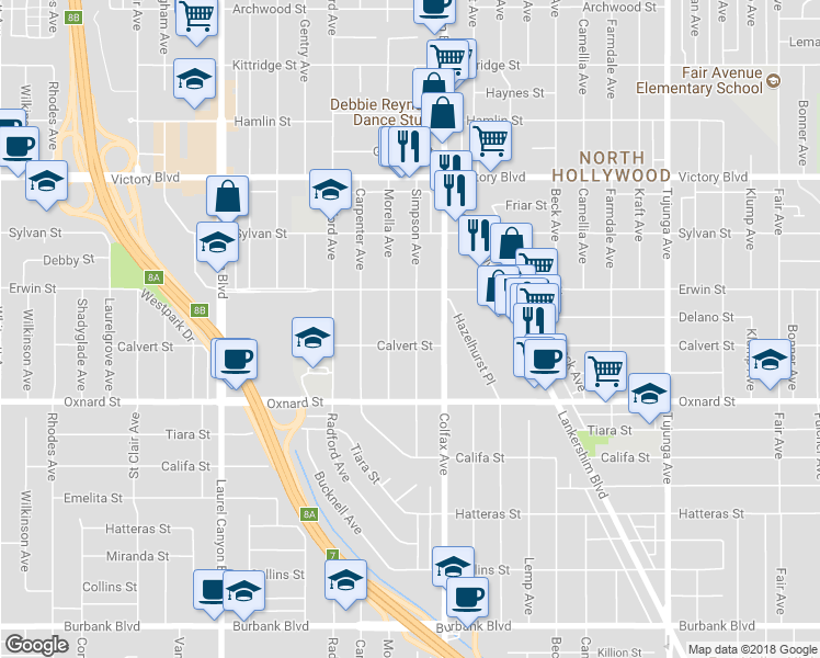 map of restaurants, bars, coffee shops, grocery stores, and more near 6117 Simpson Avenue in Los Angeles