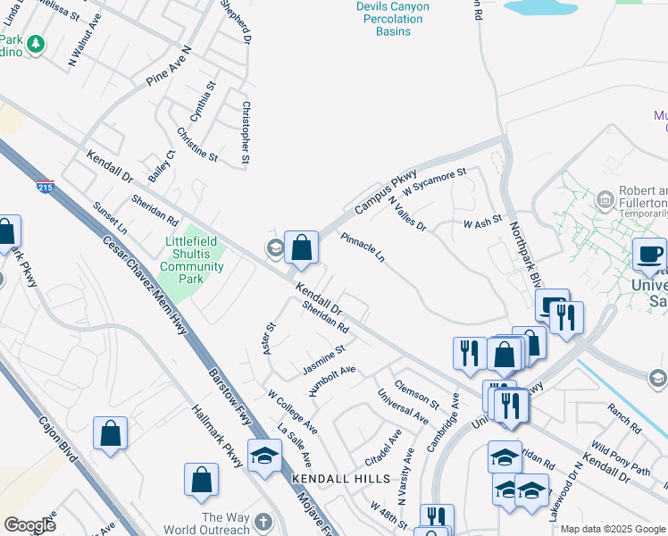 map of restaurants, bars, coffee shops, grocery stores, and more near 2288 Kendall Drive in San Bernardino