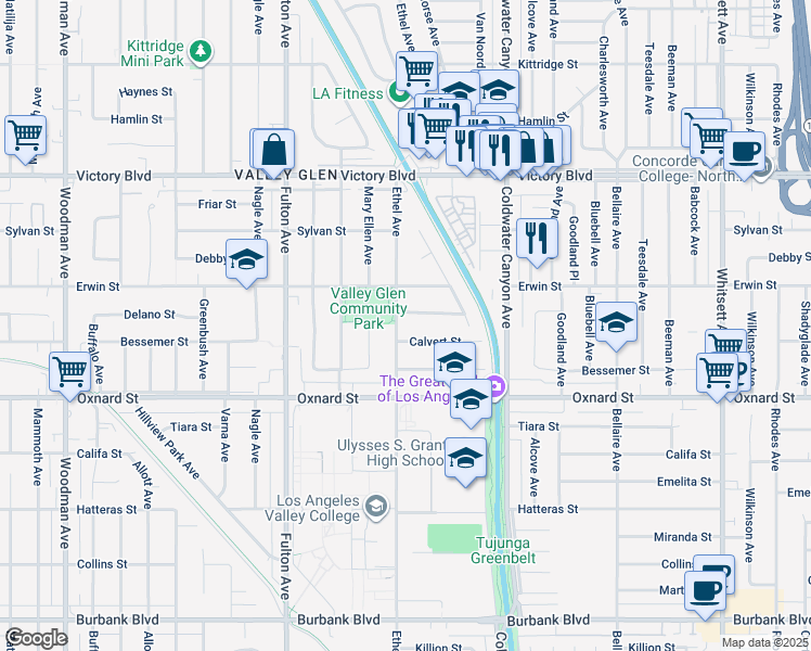 map of restaurants, bars, coffee shops, grocery stores, and more near 6118 Ethel Avenue in Los Angeles