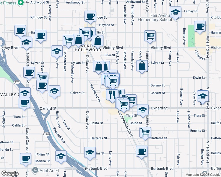 map of restaurants, bars, coffee shops, grocery stores, and more near 6060 Lankershim Boulevard in Los Angeles
