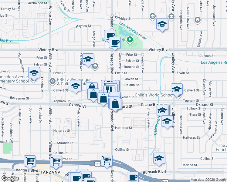 map of restaurants, bars, coffee shops, grocery stores, and more near 6151 Reseda Boulevard in Los Angeles