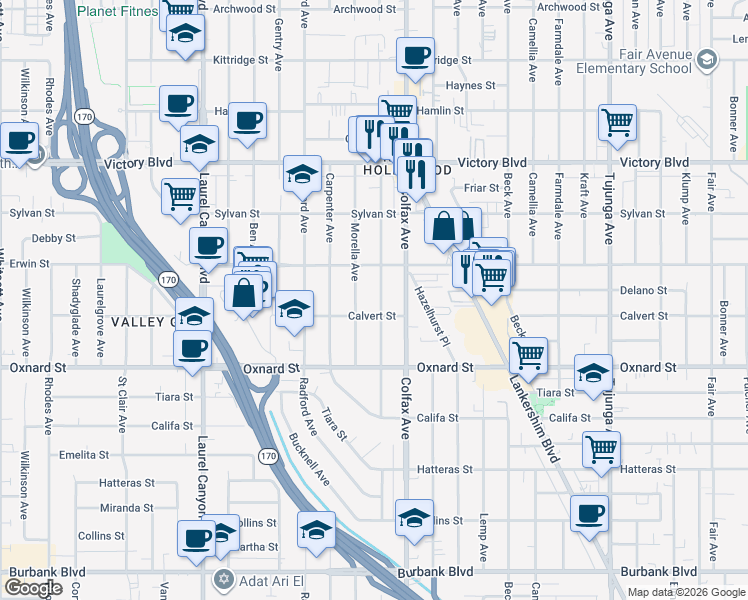 map of restaurants, bars, coffee shops, grocery stores, and more near 6117 Simpson Avenue in Los Angeles