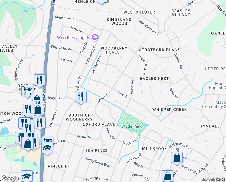 map of restaurants, bars, coffee shops, grocery stores, and more near 3401 Amber Drive in Wilmington