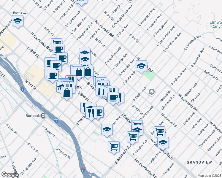 map of restaurants, bars, coffee shops, grocery stores, and more near 468 East Verdugo Avenue in Burbank