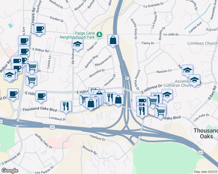 map of restaurants, bars, coffee shops, grocery stores, and more near 865 East Hillcrest Drive in Thousand Oaks