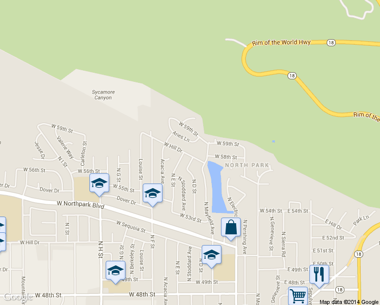 map of restaurants, bars, coffee shops, grocery stores, and more near 434 W Hill Dr in San Bernardino