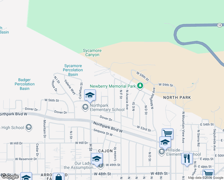map of restaurants, bars, coffee shops, grocery stores, and more near 5785 Louise Street in San Bernardino