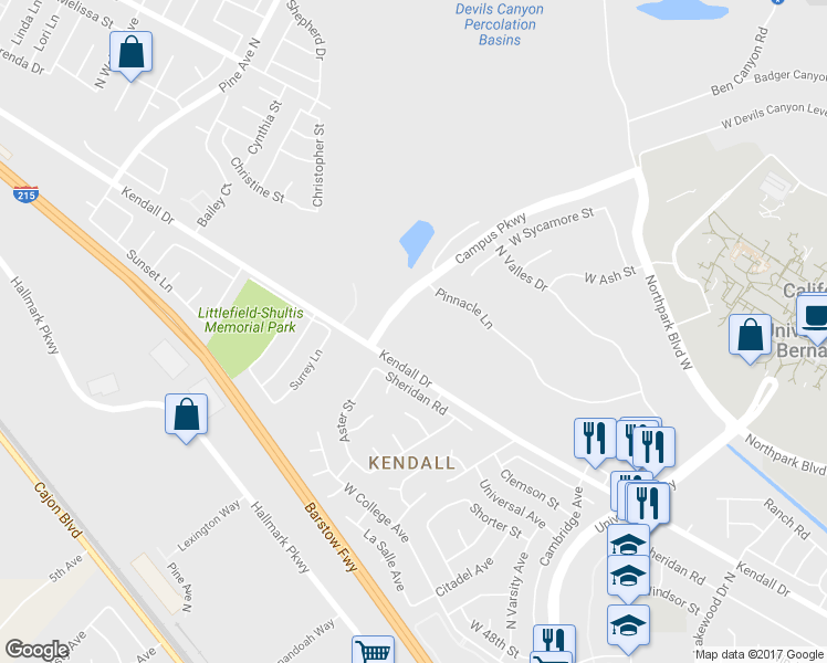 map of restaurants, bars, coffee shops, grocery stores, and more near 2288 Kendall Drive in San Bernardino