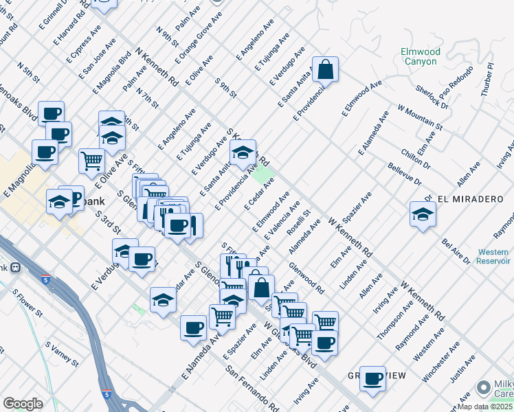 map of restaurants, bars, coffee shops, grocery stores, and more near 701 East Elmwood Avenue in Burbank