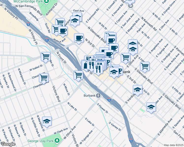 map of restaurants, bars, coffee shops, grocery stores, and more near 201 East Magnolia Boulevard in Burbank