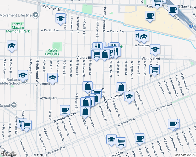 map of restaurants, bars, coffee shops, grocery stores, and more near 1420 North Frederic Street in Burbank