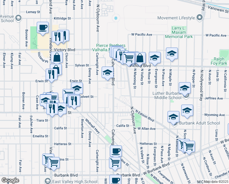 map of restaurants, bars, coffee shops, grocery stores, and more near 6129 Cahuenga Boulevard in Los Angeles