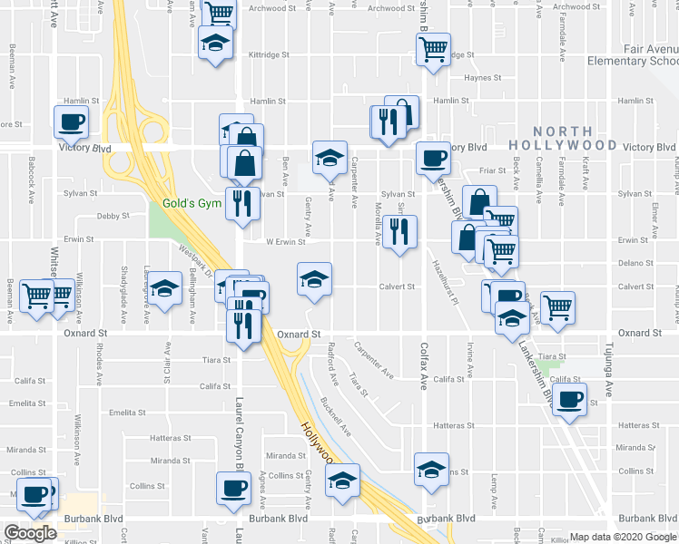 map of restaurants, bars, coffee shops, grocery stores, and more near 6120 Radford Avenue in Los Angeles