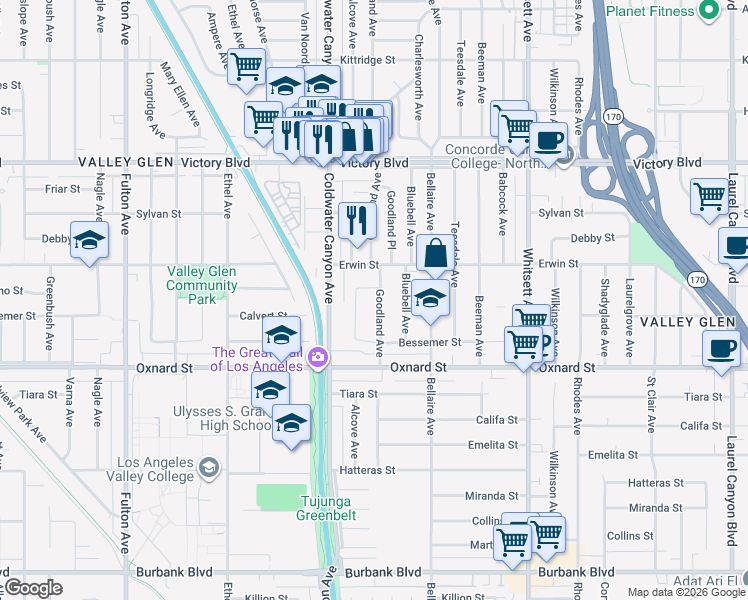 map of restaurants, bars, coffee shops, grocery stores, and more near 6128 Goodland Avenue in Los Angeles