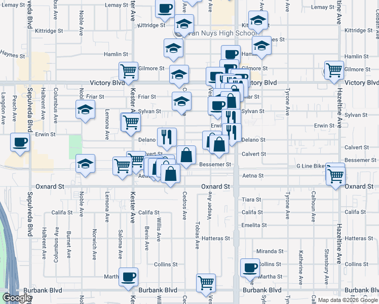 map of restaurants, bars, coffee shops, grocery stores, and more near 14633 Calvert Street in Los Angeles