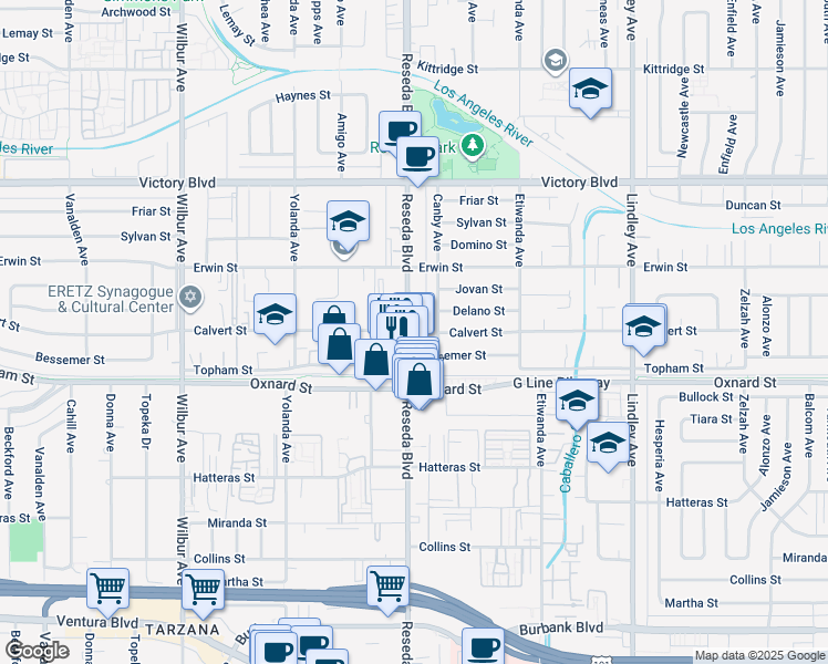 map of restaurants, bars, coffee shops, grocery stores, and more near 6151 Reseda Boulevard in Los Angeles