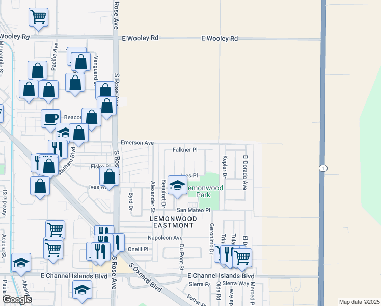 map of restaurants, bars, coffee shops, grocery stores, and more near 2000 Falkner Place in Oxnard
