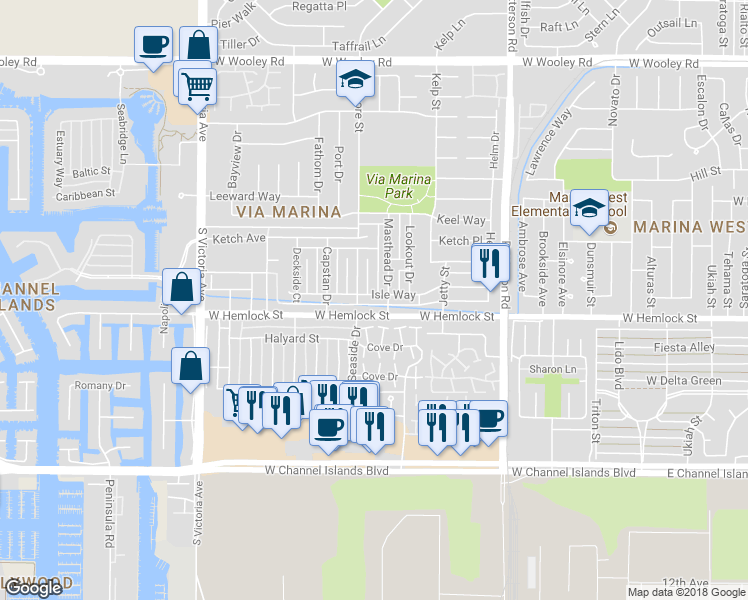 map of restaurants, bars, coffee shops, grocery stores, and more near 3310 Isle Way in Oxnard