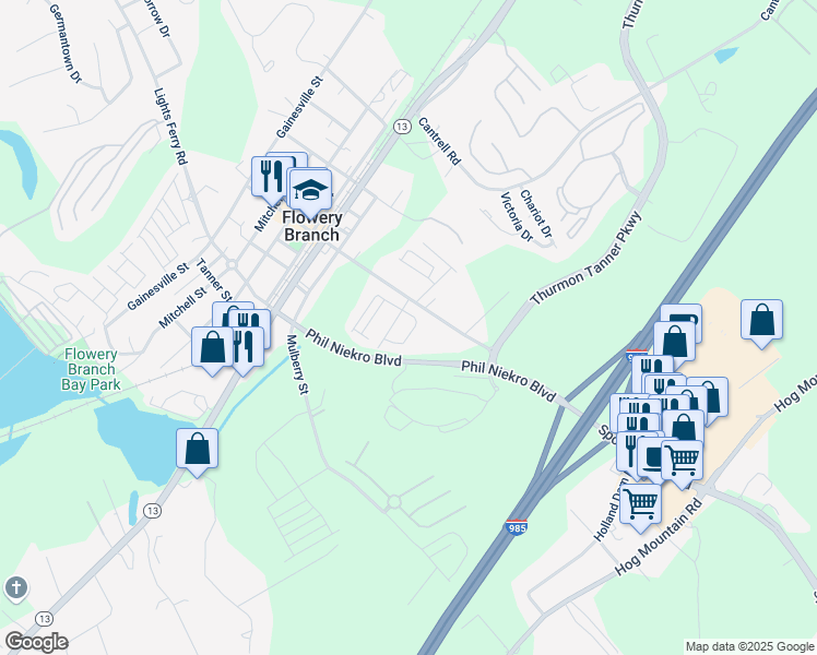 map of restaurants, bars, coffee shops, grocery stores, and more near 5634 Parkview Lane in Flowery Branch