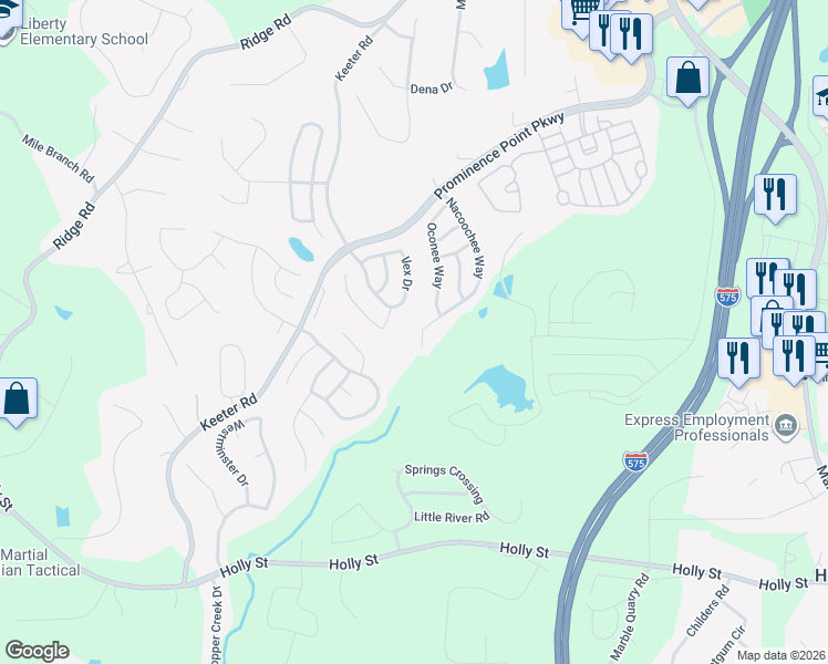 map of restaurants, bars, coffee shops, grocery stores, and more near 168 Nacoochee Way in Canton