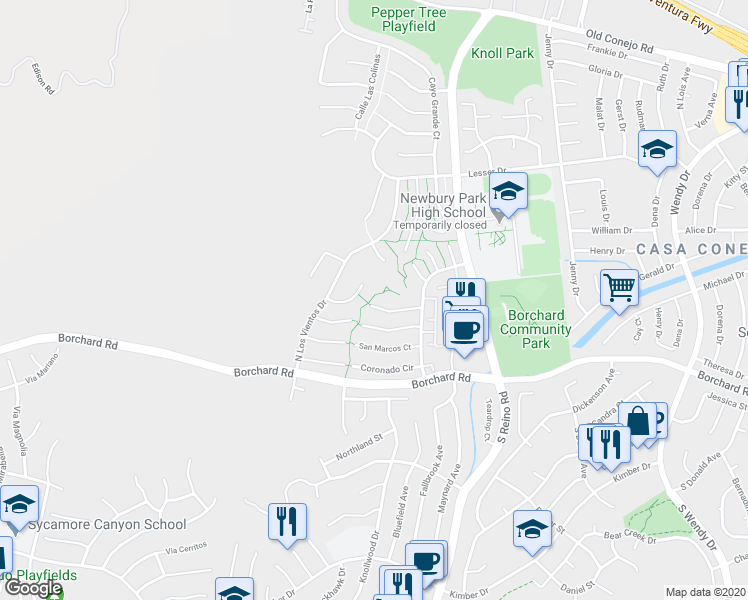 map of restaurants, bars, coffee shops, grocery stores, and more near 3919 San Clemente Court in Thousand Oaks