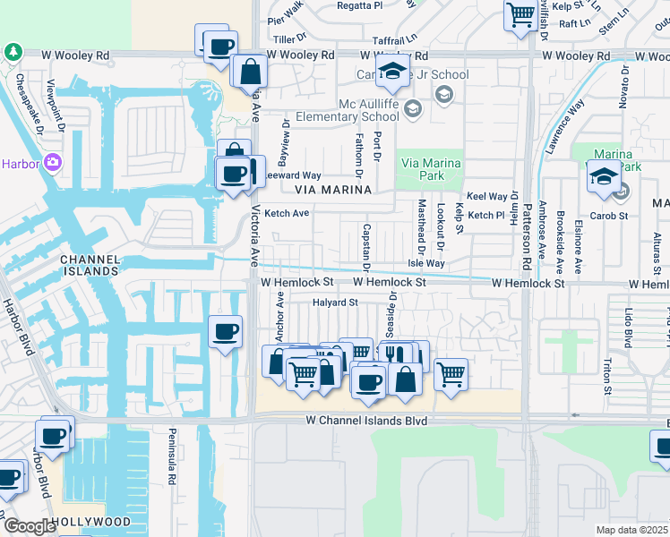 map of restaurants, bars, coffee shops, grocery stores, and more near 3554 Isle Way in Oxnard
