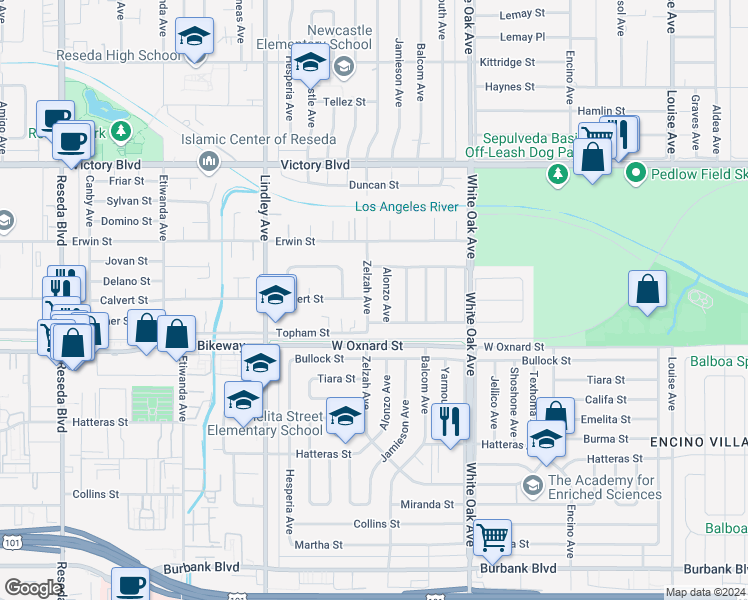 map of restaurants, bars, coffee shops, grocery stores, and more near 6144 Zelzah Avenue in Los Angeles