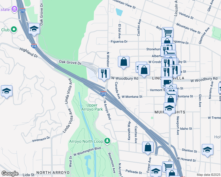 map of restaurants, bars, coffee shops, grocery stores, and more near 2122 North Windsor Avenue in Altadena