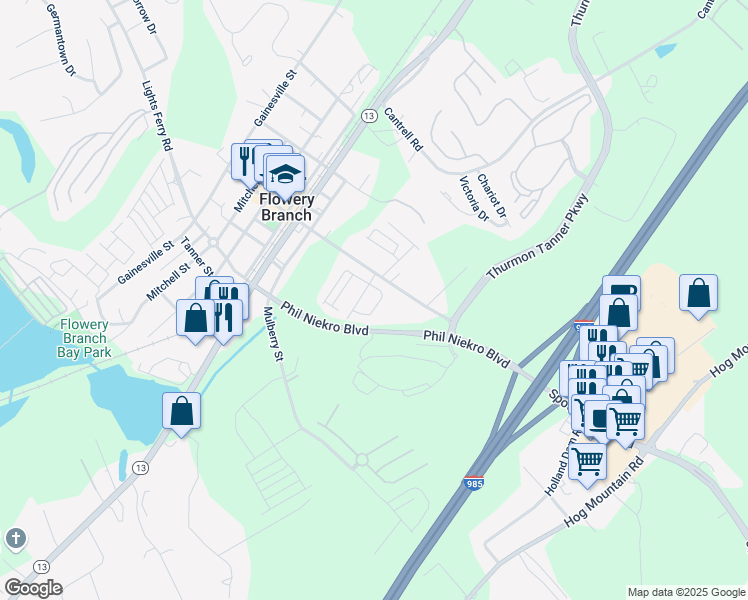 map of restaurants, bars, coffee shops, grocery stores, and more near 5634 Parkview Lane in Flowery Branch