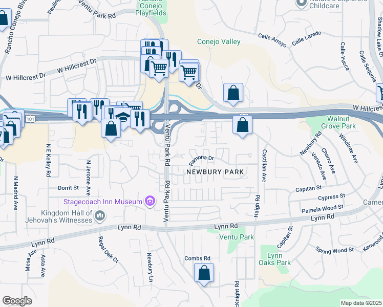 map of restaurants, bars, coffee shops, grocery stores, and more near 1333 Ashton Park Lane in Thousand Oaks