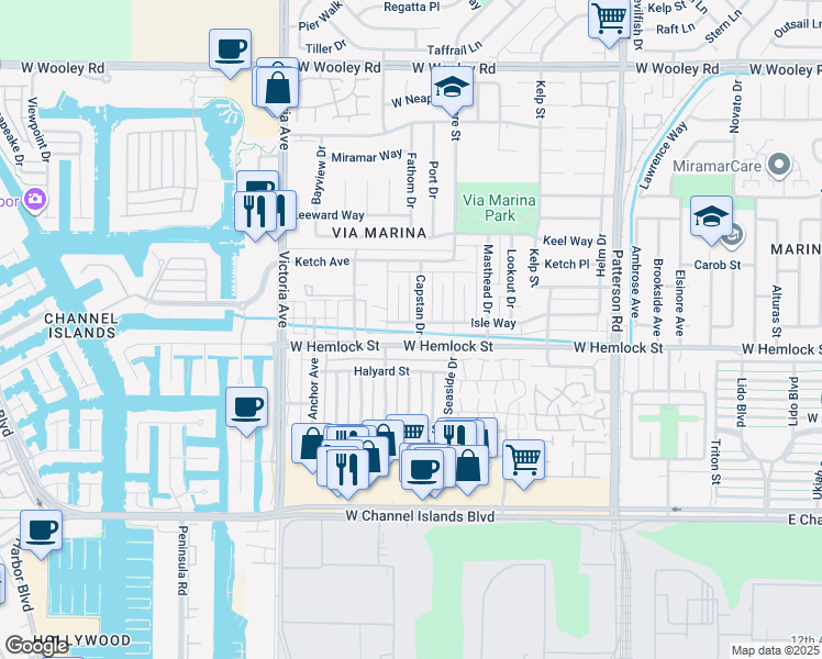 map of restaurants, bars, coffee shops, grocery stores, and more near 3510 Isle Way in Oxnard