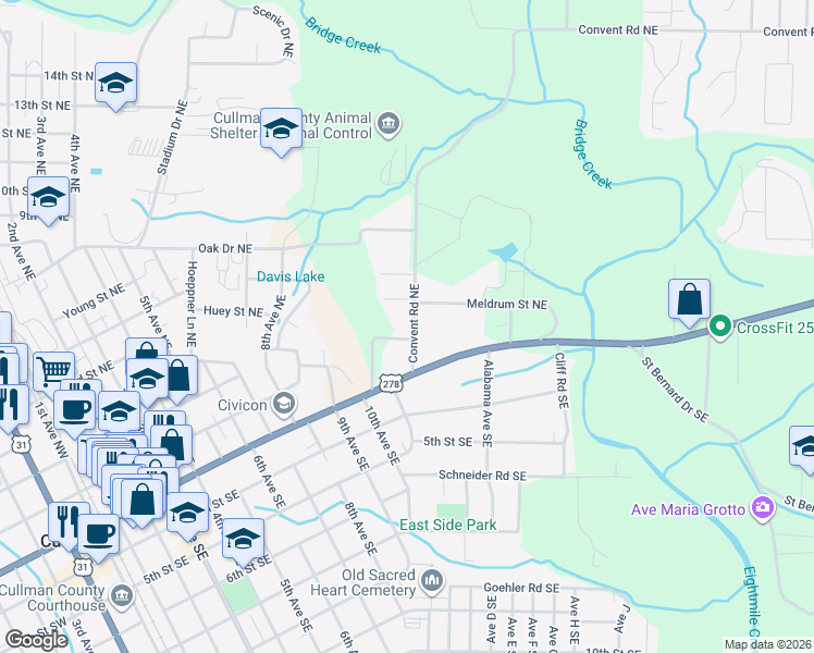 map of restaurants, bars, coffee shops, grocery stores, and more near 105 Convent Road Northeast in Cullman