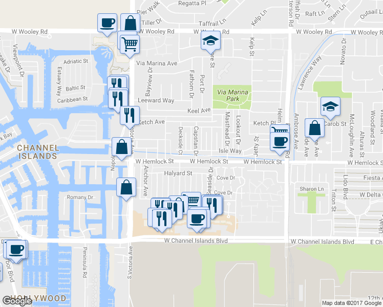 map of restaurants, bars, coffee shops, grocery stores, and more near 3510 Isle Way in Oxnard