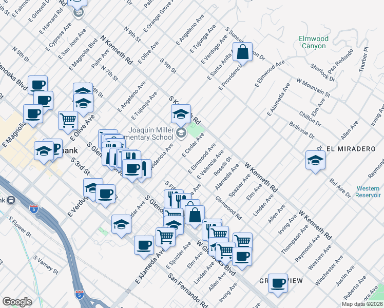 map of restaurants, bars, coffee shops, grocery stores, and more near 630 East Cedar Avenue in Burbank