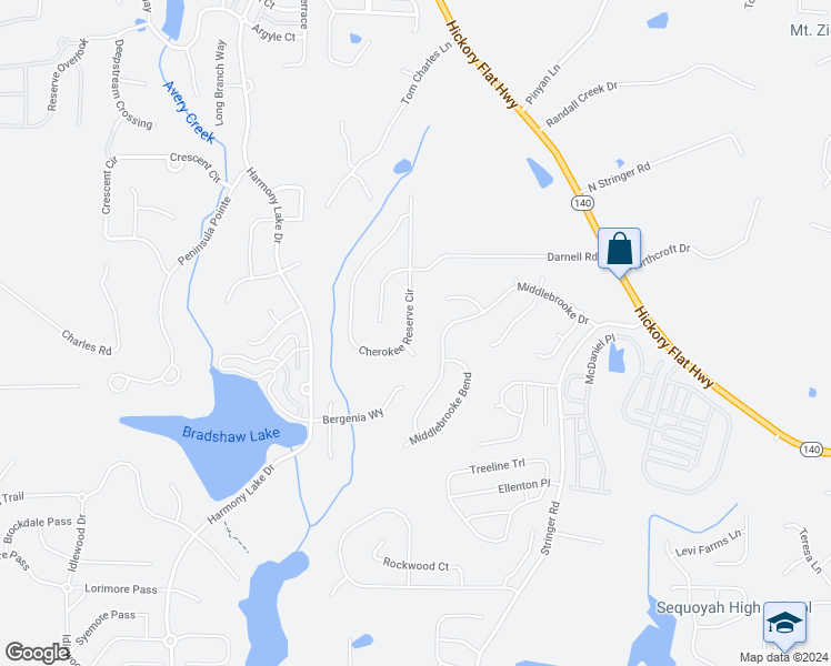 map of restaurants, bars, coffee shops, grocery stores, and more near 141 Cherokee Reserve Circle in Canton