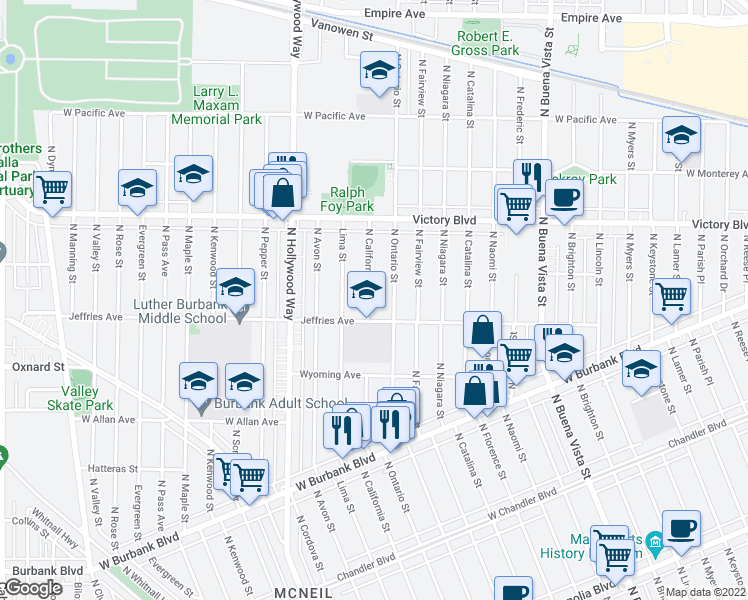 map of restaurants, bars, coffee shops, grocery stores, and more near 1720 North California Street in Burbank