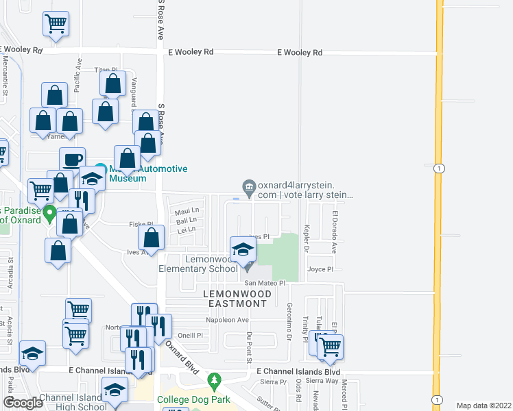 map of restaurants, bars, coffee shops, grocery stores, and more near 2000 Falkner Place in Oxnard
