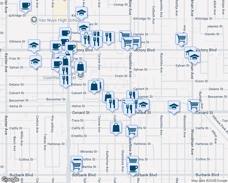 map of restaurants, bars, coffee shops, grocery stores, and more near 14169 Calvert Street in Los Angeles