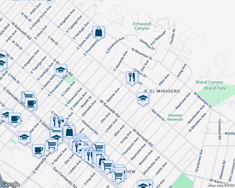 map of restaurants, bars, coffee shops, grocery stores, and more near 1350 Spazier Avenue in Glendale