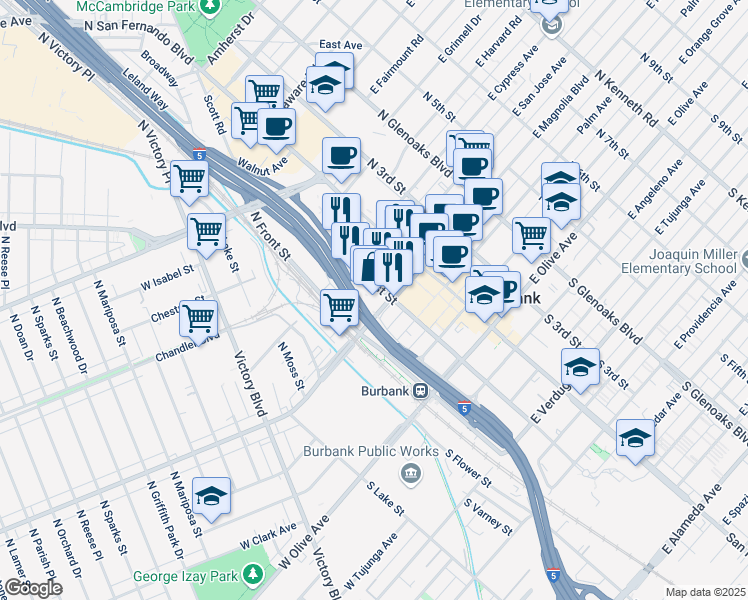 map of restaurants, bars, coffee shops, grocery stores, and more near 401 North 1st Street in Burbank