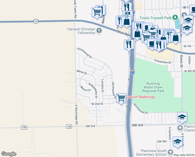 map of restaurants, bars, coffee shops, grocery stores, and more near 404 Mesa Circle in Plainview