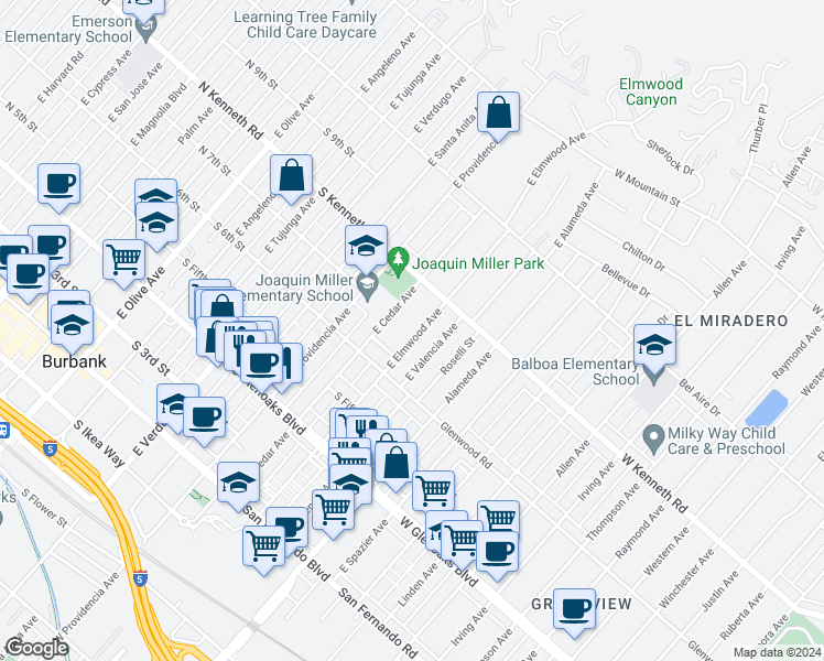 map of restaurants, bars, coffee shops, grocery stores, and more near 701 East Elmwood Avenue in Burbank