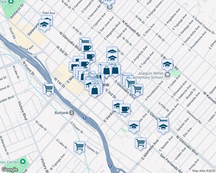 map of restaurants, bars, coffee shops, grocery stores, and more near 301 East Angeleno Avenue in Burbank