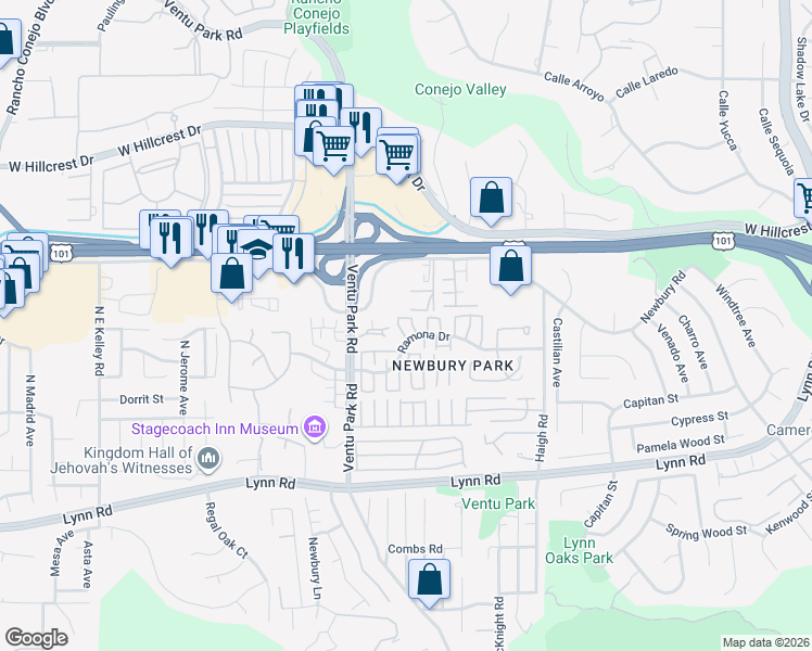 map of restaurants, bars, coffee shops, grocery stores, and more near 1315 Ramona Drive in Thousand Oaks