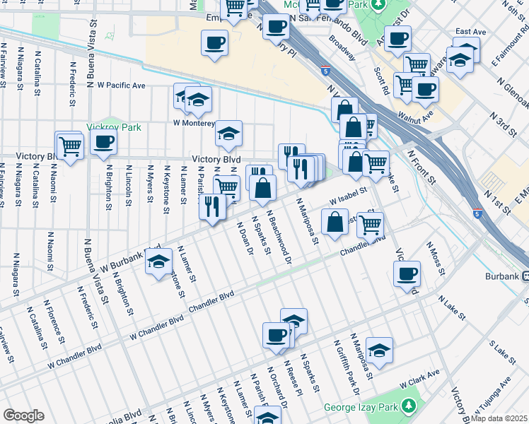 map of restaurants, bars, coffee shops, grocery stores, and more near 1500 West Burbank Boulevard in Burbank