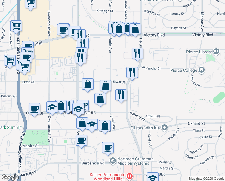map of restaurants, bars, coffee shops, grocery stores, and more near 6130 Variel Avenue in Los Angeles